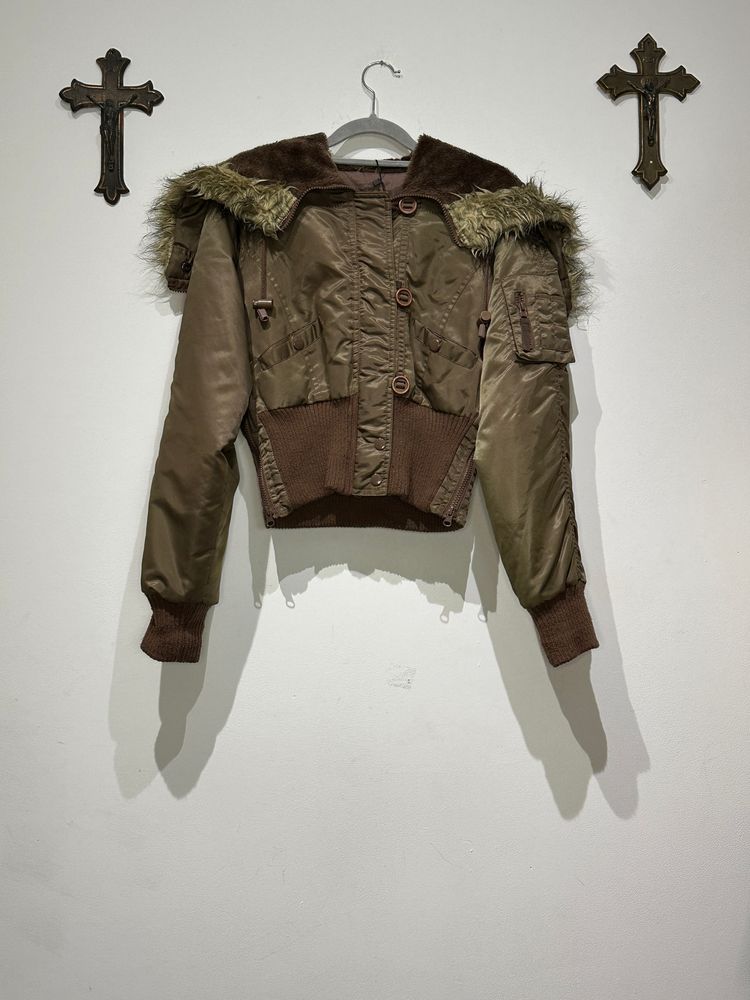 Y2K Brown Super Cropped Jacket With Fur Collar